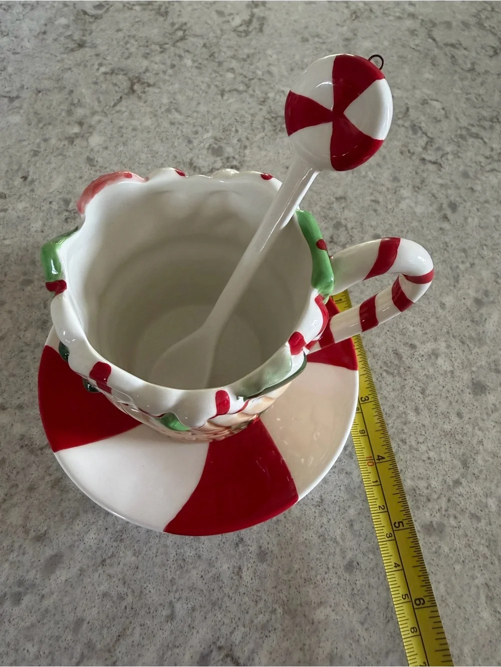 Corner Ruby holiday Christmas candy cane peppermint tea cup set - saucer & spoon